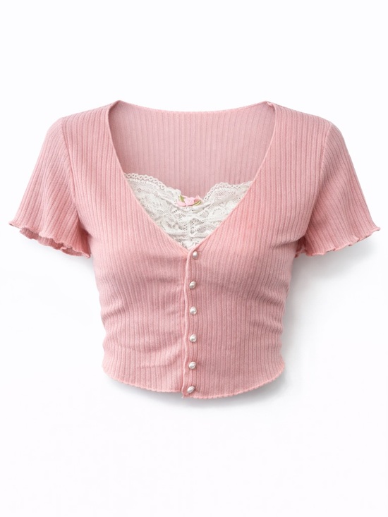 ROMWE Tops - Pink Ribbed Lace Trim Crop Top Button Front Coquette Style Size L